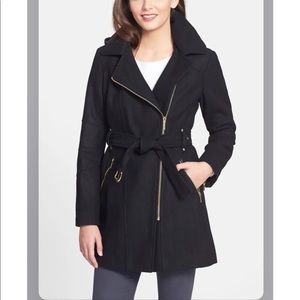 MK Belted Hooded Wool Blend Asymmetrical Coat